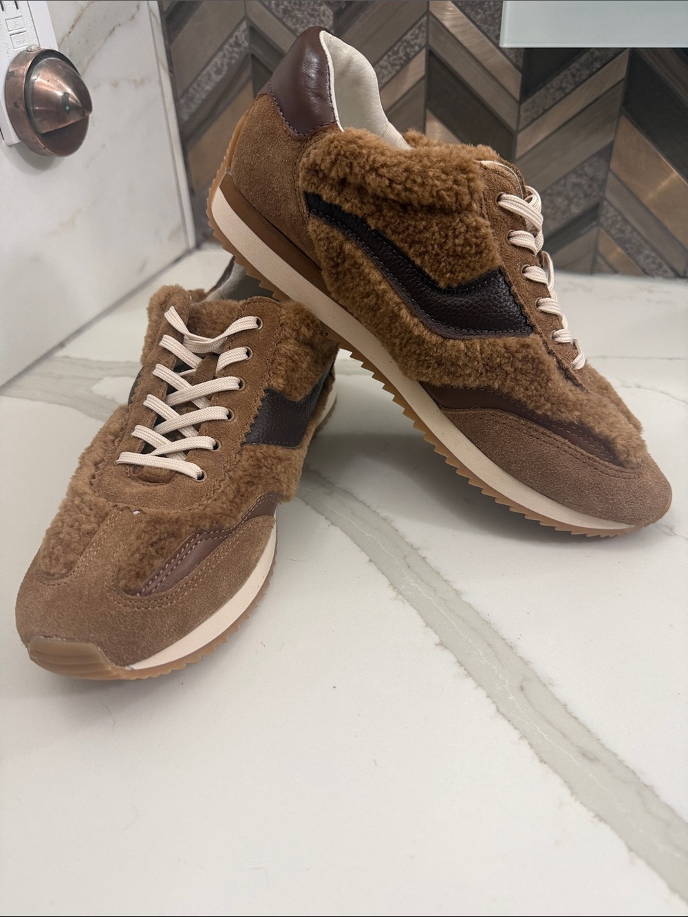 Dolce Vita Brown Mixed-Media Shearling Trim Sneakers